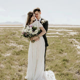 Lace Bohemian Boat Neck Bridal Dress Short Sleeves Beach Destination Wedding Gown OKZ31