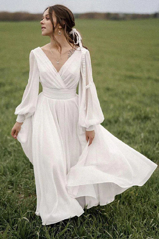 Chiffon Beach Wedding Dress Puff Sleeve Vintage Bride Dress V Neck Boho Wedding Gowns OKW14