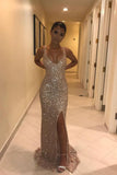 Sexy Mermaid Long Rose Gold Sequined Slit Prom Dresses,Evening Dress OKD87