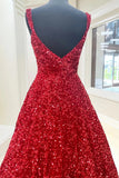 A line Red Square Neck Sequin Long Prom Dresses, Formal Evening Dresses OK2003