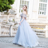 Light Blue Tulle Long Prom Dress Beaded Aline Formal Gowns OKW68