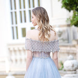 Light Blue Tulle Long Prom Dress Beaded Aline Formal Gowns OKW68
