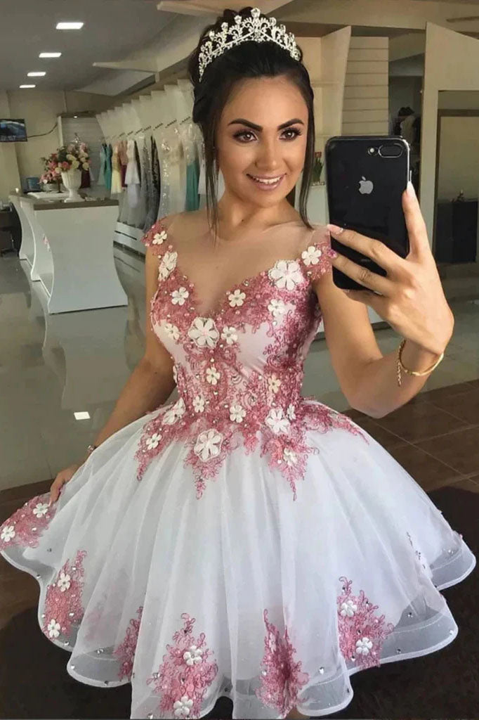 Round Neck A Line Short White Prom Dresses with Lace Flowers, Lace Floral Homecoming Dresses OK1712