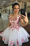 Round Neck A Line Short White Prom Dresses with Lace Flowers, Lace Floral Homecoming Dresses OK1712