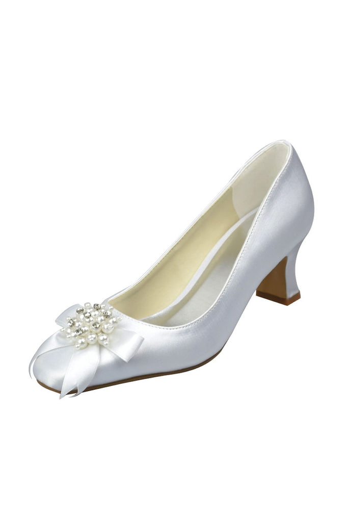 White Low Heel Wedding Shoes With Flowers And Beads S32
