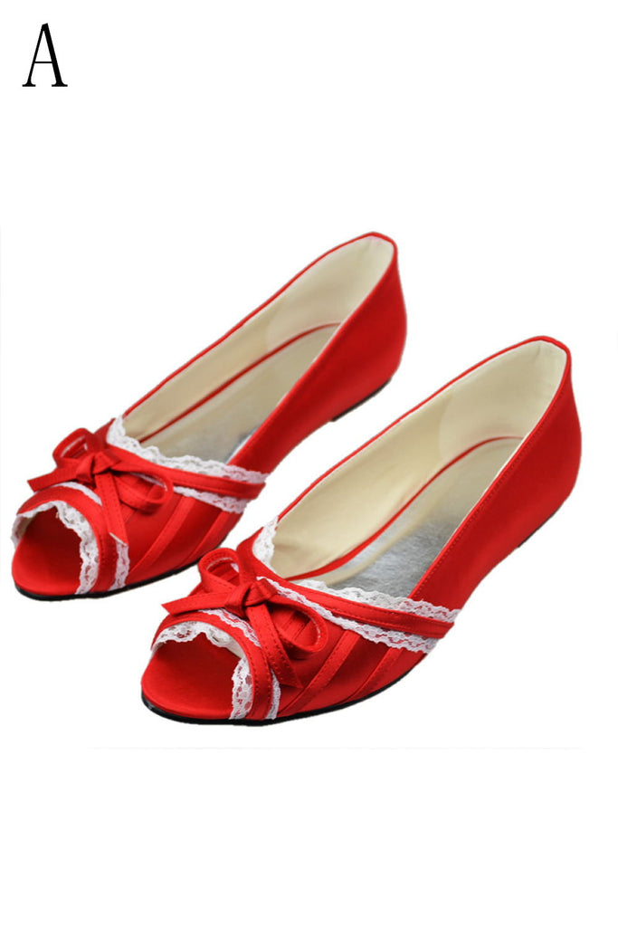 Lace Red Peep Toe Handmade Wedding Shoes With Bow Knot S34