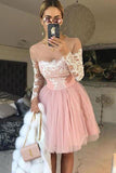 A-Line Round Neck Long Sleeves Pink Tulle Short Homecoming Cocktail Dress With Lace OKZ44