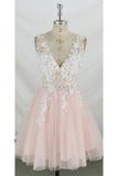 Sweet A-line V Neck Tulle Short Pink and White Lace Homecoming Dress OKZ15