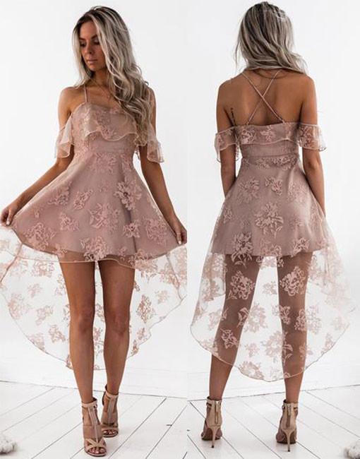 High Fashion A-Line Lace Off-Shoulder High Low Short Homecoming Dresses OK456