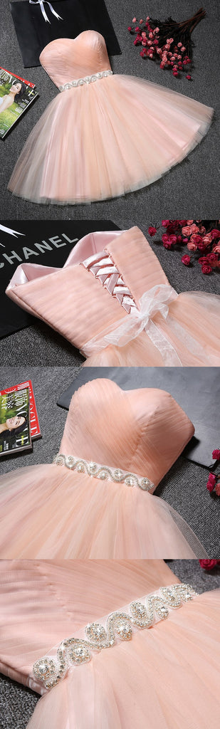 Sweetheart Blush Pink Tulle A Line Beading Short Homecoming/Prom Dress,Sweet 16 Dresses OK310