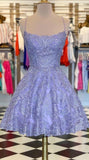 Purple Beaded A-line Spaghetti Straps Lace Appliques Short Homecoming Dress OKZ62