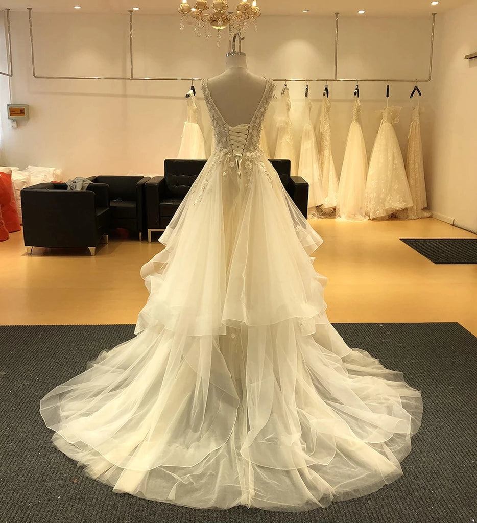 Gorgeous Appliques A-line V-neck Wedding Dress Beaded Bridal Gown OKV18