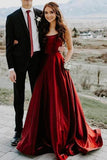 Simple Burgundy Satin A-line Long Prom Dress Spaghetti Straps Evening Dress with Pockets OKX28