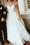 Charming White Lace Sheer Neck A-line Scoop Backless Long Wedding Dress with Appliques OKY64