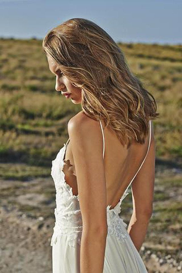 Summer A Line Lace Long Ivory Spaghetti Straps Beach/Coast Wedding Dresses OK269