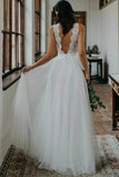 Simple Off White Tulle Lace Top A-line V-neck Backless Beach Wedding Dress OKY31