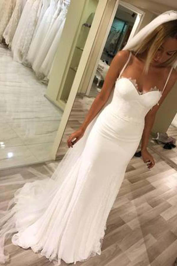 Elegant Spaghetti Straps Sweetheart Mermaid Long Wedding Dress with Appliques OKX40