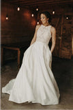 Satin A-line Lace Top Boho Wedding Dresses With Sweep Train, Bridal Gown OK1811
