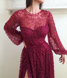 Cheap A Line Burgundy Long Sleeve Vintage Split Prom Dress OKE95