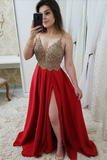 Spaghetti Straps A Line Split Prom Dresses, Pink Beaded Evening Dresses OKJ47