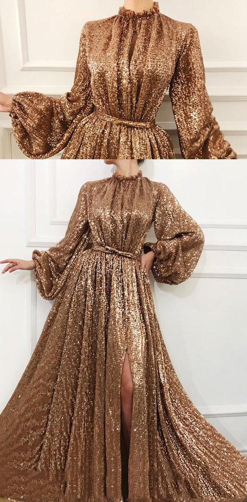 Charming A Line Long Sleeves Sequin High Neck Prom Dresses OKH60