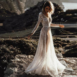 Sexy Illusion Boho A-line Backless Bride Dress Sequined Beading Mermaid Wedding Dress OKV67