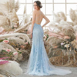 Sky Blue Long Mermaid Lace Appliques Prom Dress With Rhinestones OKW66