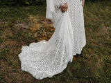 Sheath Long Sleeves Lace up Back Beach Wedding Dresses, Boho Bridal Gown OK1882