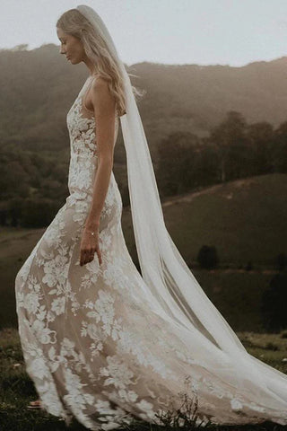 Sheath V-neck Lace Wedding dresses With Chapel Train, Unique Bridal Gowns OK1888