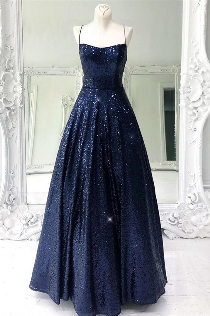 Shiny Navy Blue Long Prom Dress Sequin Cris Cross Long Formal Evening Dress OKX2