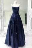 Shiny Navy Blue Long Prom Dress Sequin Cris Cross Long Formal Evening Dress OKX2