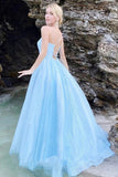 Shiny Sky Blue Spaghetti Straps Prom Dress Criss Cross Back A-line Formal Evening Dress OKX10