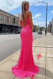 Sparkly Mermaid Sequined Sleeveless Long Prom Dress with Slit Hot Pink Evening Gown OK1385