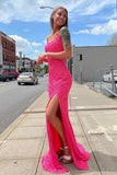 Sparkly Mermaid Sequined Sleeveless Long Prom Dress with Slit Hot Pink Evening Gown OK1385