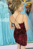 Shiny Burgundy Sequins V Neck Open Back Short Prom Homecoming Dress OK1487