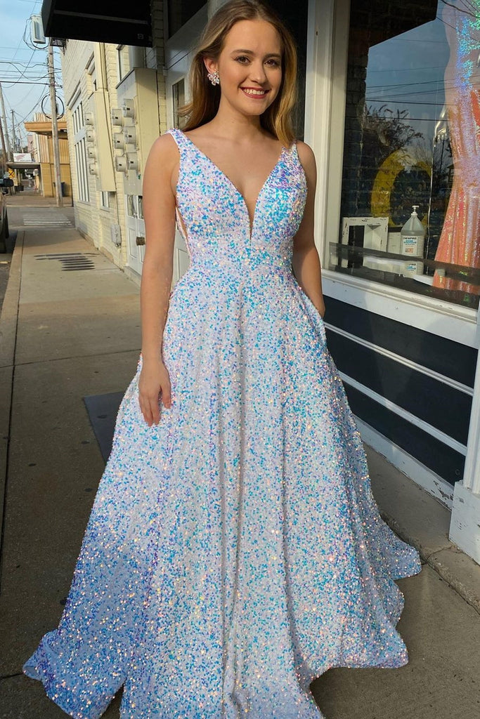 Shiny Sequins V-neck A Line Long Prom Dress Formal Evening Dress OK1297
