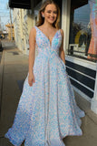 Shiny Sequins V-neck A Line Long Prom Dress Formal Evening Dress OK1297