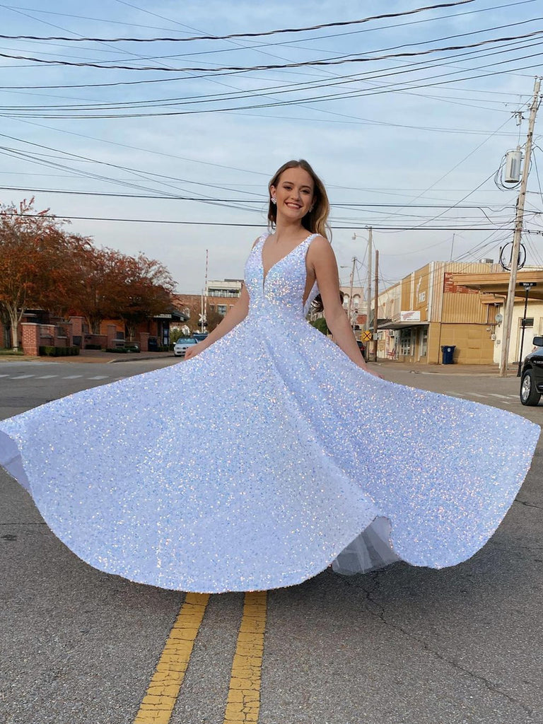 Shiny Sequins V-neck A Line Long Prom Dress Formal Evening Dress OK1297