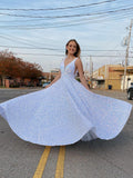 Shiny Sequins V-neck A Line Long Prom Dress Formal Evening Dress OK1297