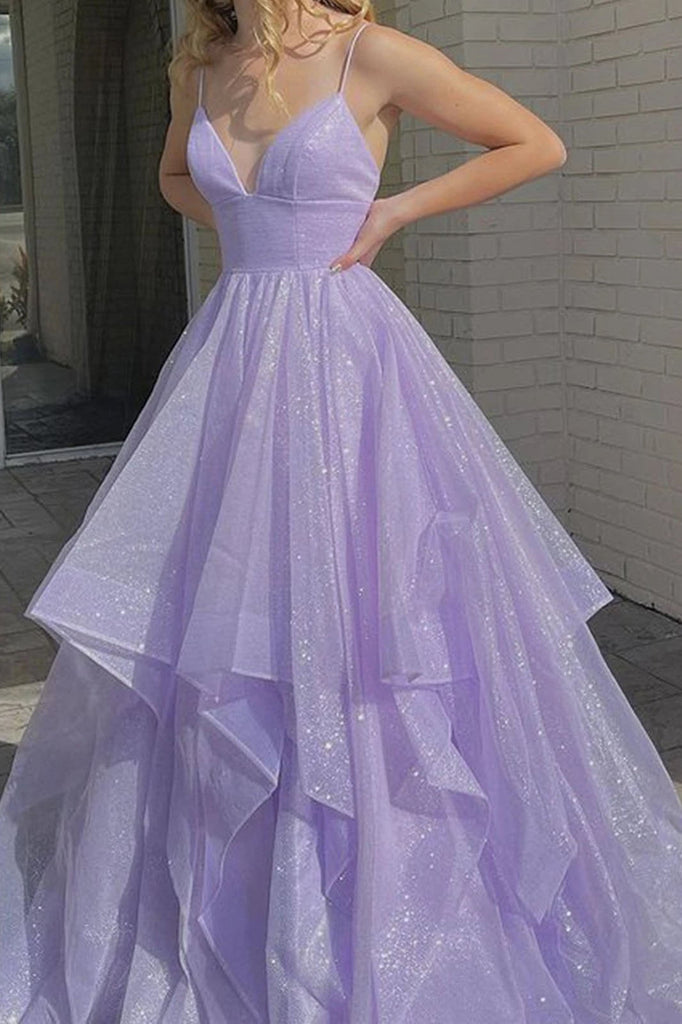 Shiny V Neck Purple Long Prom Dress Spaghetti Straps Long Formal Evening Dress OKX17