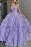Shiny V Neck Purple Long Prom Dress Spaghetti Straps Long Formal Evening Dress OKX17