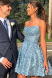 Short Blue Lace Spaghetti Straps Prom Dress Short A-line Formal Homecoming Dress OKX43