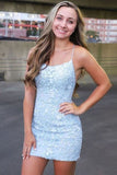 Short Light Blue Sheath Lace Prom Dresses, Tight Graduation Homecoming Dress OKX52