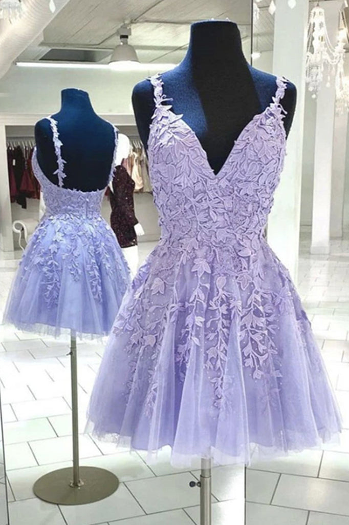 Short V Neck Purple Lace Appliques Prom Dress A-line Tulle Formal Homecoming Dress OKY69