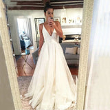 Simple Organza Beach Wedding Dress Backless Floor-Length Deep V-Neck A-line Bridal Dress OKW19
