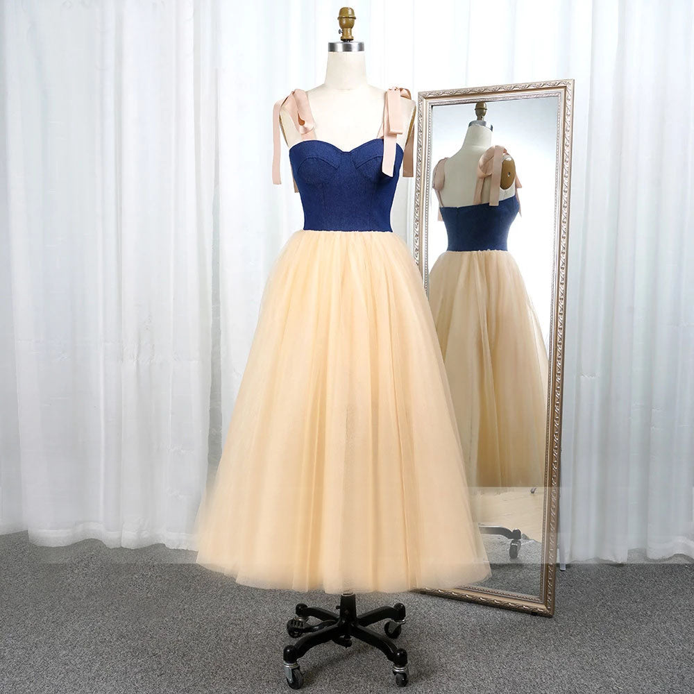 Simple Sweetheart Spaghetti Straps Prom Dress Tulle Tea Length Evening Dress OKW46