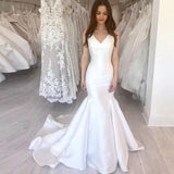Simple Mermaid Wedding Dress V-Neck Chapel Train Sleeveless Bridal Dress OKW40