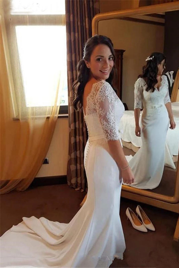 Mermaid V-Neck Half Sleeve Elegant Wedding Dress Vintage Lace Spandex Bridal Dress OKW26