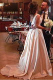 Boho A-line Satin Beach Wedding Dress Sleeveles Bowknot Bridal Gown With Pockets OKX4