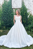 Simple Satin Sweetheart Spaghetti Straps Wedding Dresses A-line Beach Bridal Gown OK1652